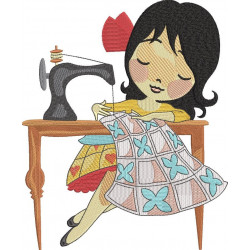 Girl Quilting On Sewing Machine