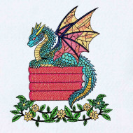 Dragon on Books with Floral Vine
