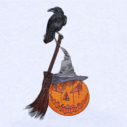 Raven On Broomstick With Pumpkin