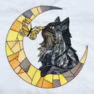 Stained Glass Cat On Moon With Butterfly