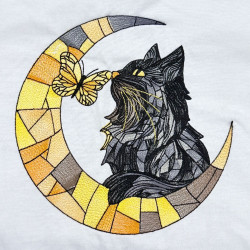 Stained Glass Cat On Moon With Butterfly