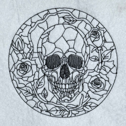 Stained Glass Skull With Red Roses Line Art 