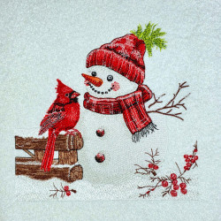 Snowman And Cardinal On Fence