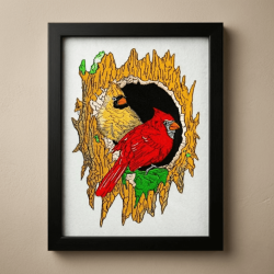 Cardinals In Tree Hollow