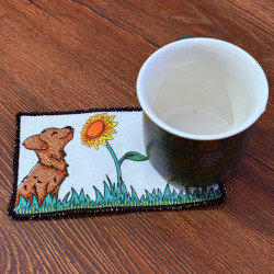 Dog Sniffing Sunflower Mug Rug