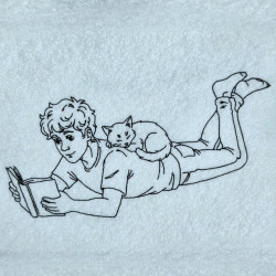 Boy Reading With Cat Line Art