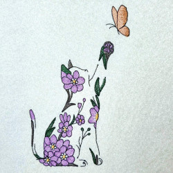 Cat With Blossom Flowers And Butterfly