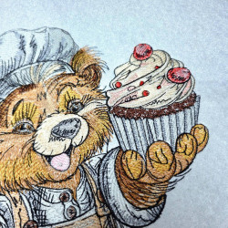 Whimsical Chef Bear Holding A Giant Cupcake