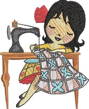 Girl Quilting On Sewing Machine Girl Quilting On Sewing Machine