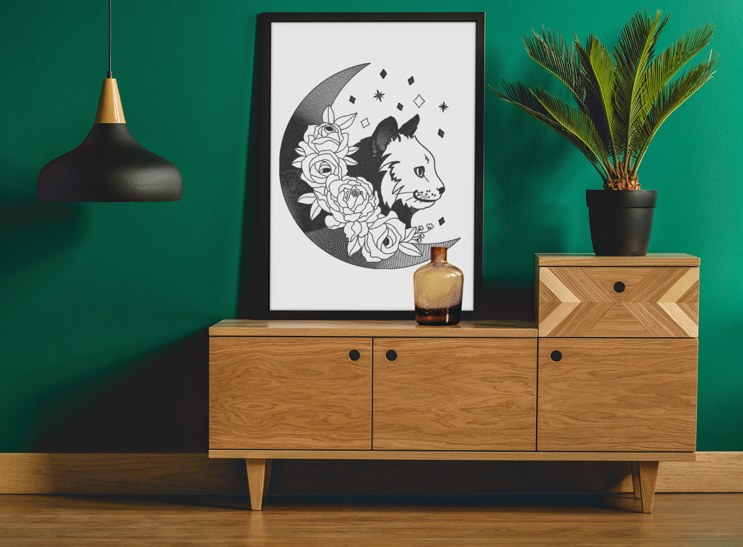 Floral Cat with moon
