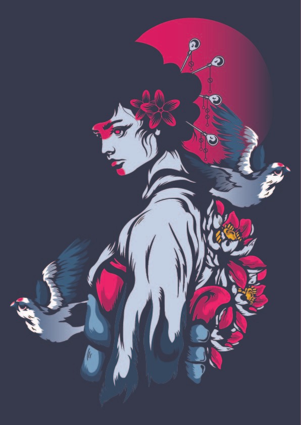 Girl With Birds Illustration Vector Only
