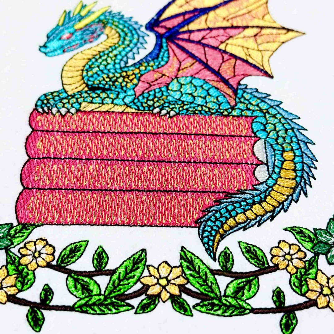 Dragon on Books with Floral Vine Dragon on Books with Floral Vine