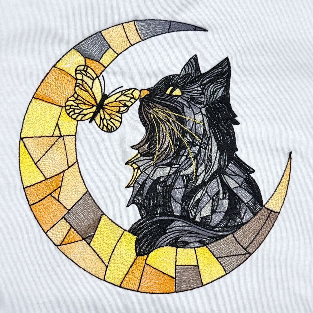 Stained Glass Cat On Moon With Butterfly