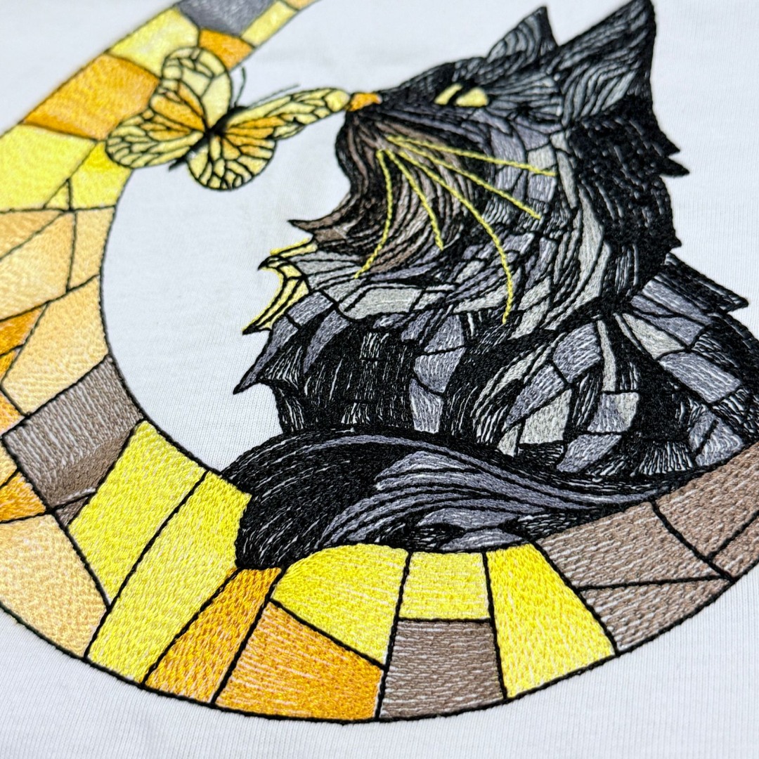 Stained Glass Cat On Moon With Butterfly
