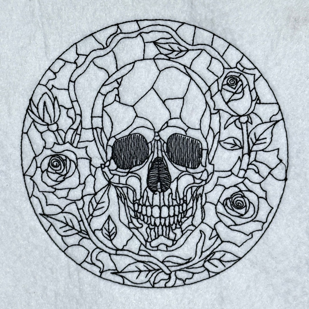 Stained Glass Skull With Red Roses Line Art 