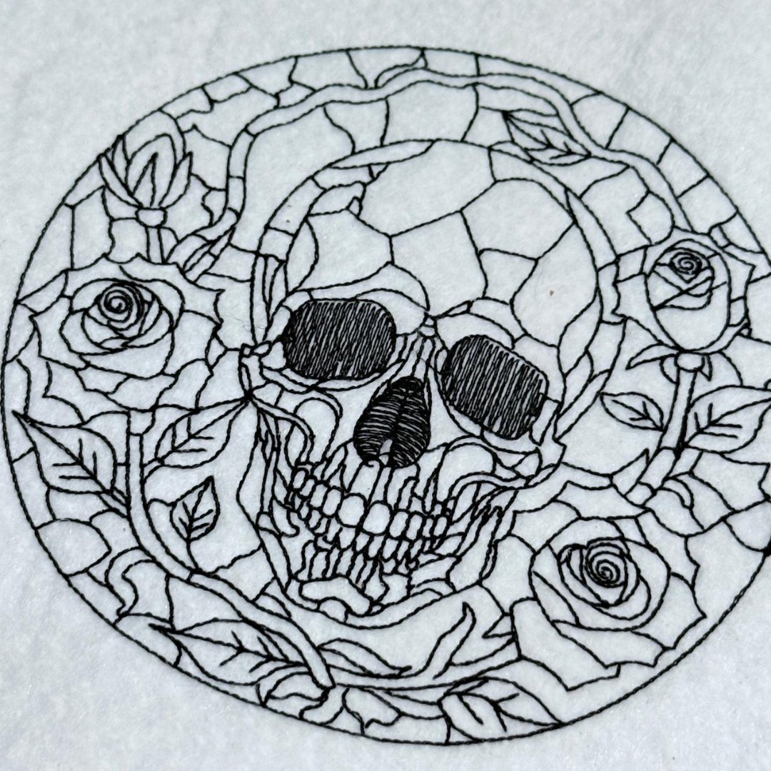 Stained Glass Skull With Red Roses Line Art 