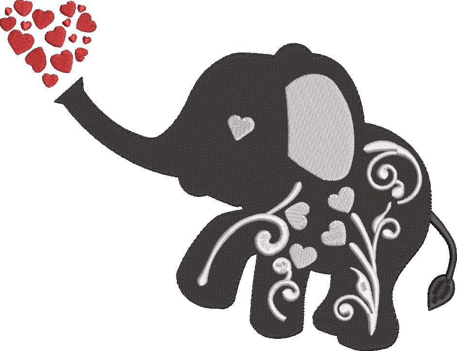 Elephant Silhouette With Hearts Embroidery Design