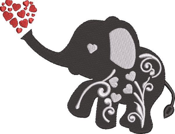 Elephant Silhouette With Hearts Embroidery Design