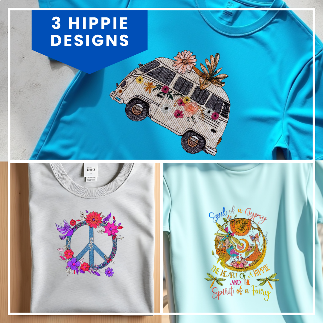 Hippie Pack of 3 Embroidery Designs Hippie Pack of 3 Embroidery Designs