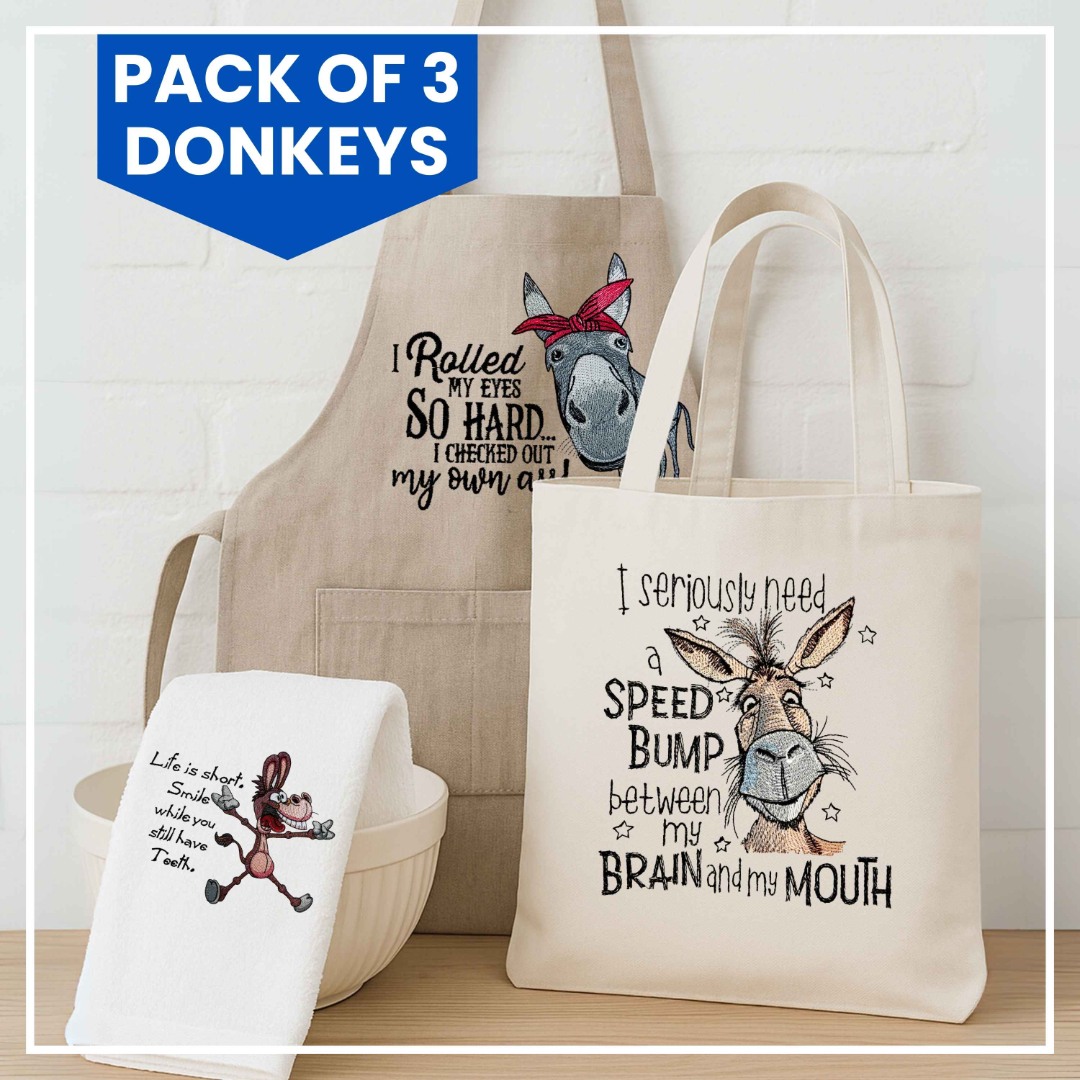 Pack of 3 Funny Donkey Embroidery Designs