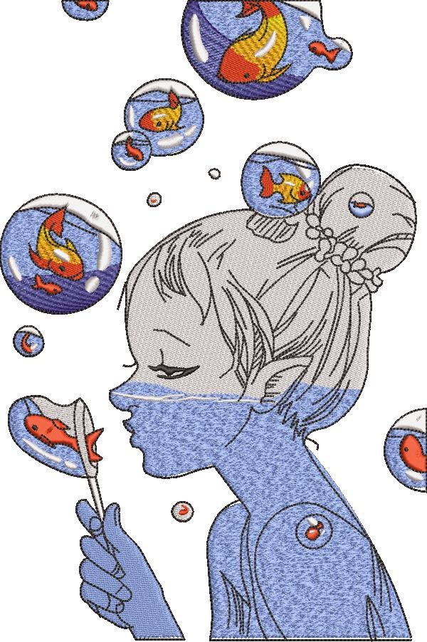 Girl Making Bubble Of Fishes Girl Making Bubble Of Fishes