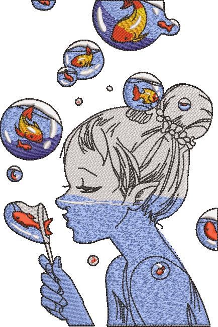Girl Making Bubble Of Fishes Girl Making Bubble Of Fishes