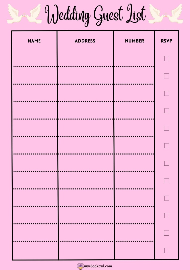 Wedding Guest List and Invitation Printable Wedding Guest List and Invitation Printable