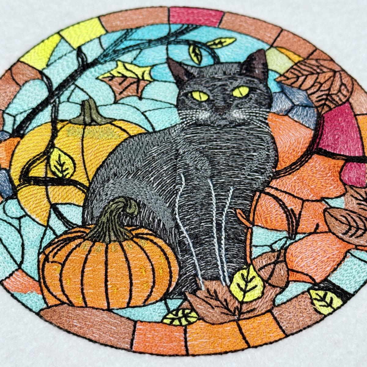 Black Cat Fall Stained Glass