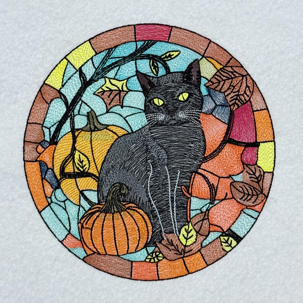 Black Cat Fall Stained Glass