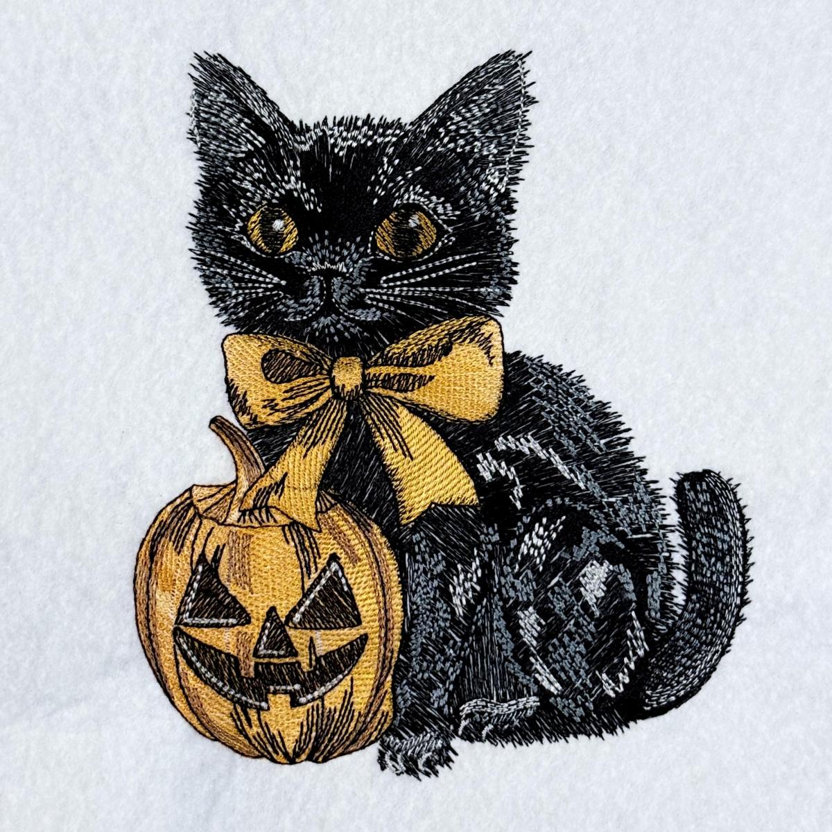 Black Cat With Pumpkin And Bow
